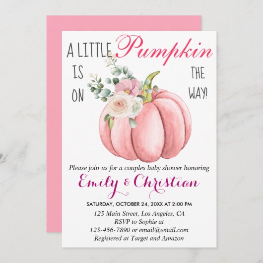 かわいいピンクのフローラ小さなかぼちゃカップル赤ちゃんシャワー 招待状 (正面/裏面)