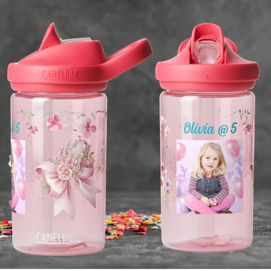かわいいピンクのフローラ弓女の子フォトウォーターボトルギフト ウォーターボトル