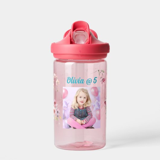 かわいいピンクのフローラ弓女の子フォトウォーターボトルギフト ウォーターボトル (正面)