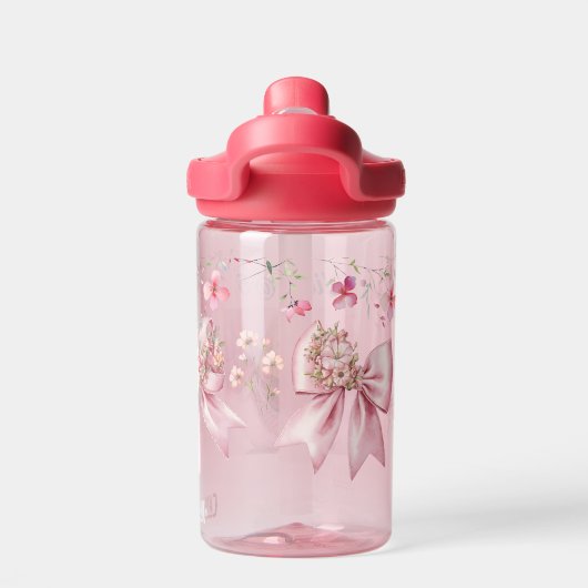 かわいいピンクのフローラ弓女の子フォトウォーターボトルギフト ウォーターボトル (背面)