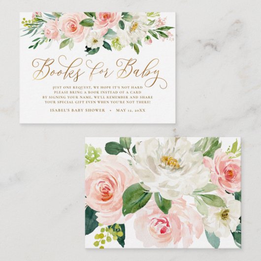 かわいいピンクのフローラ緑の本リクエスト赤ちゃんシャワー エンクロージャーカード (正面/裏面)