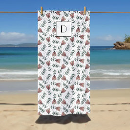 かわいいピンクのフローラ花あなたの名前をパターン ビーチタオル