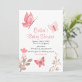 かわいいピンクのフローラ蝶の赤ちゃんシャワー 招待状 (スタンド正面)