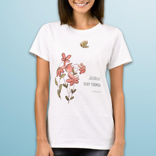 かわいいピンクのフローラ蝶の赤ちゃんシャワー Tシャツ