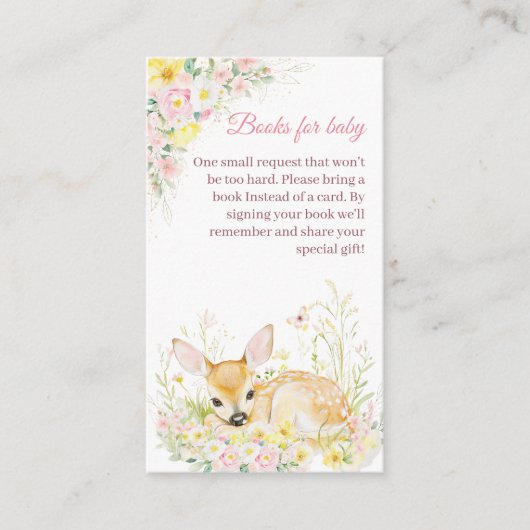 かわいいピンクのフローラ鹿の赤ちゃんシャワーブックベビー エンクロージャーカード (正面)