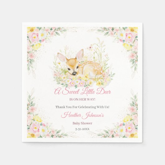 かわいいピンクのフローラ鹿の赤ちゃんシャワー スタンダードカクテルナプキン (正面)
