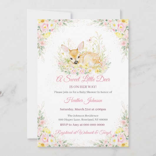 かわいいピンクのフローラ鹿の赤ちゃんシャワー 招待状 (正面)