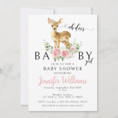 かわいいピンクのフローラ鹿の赤ちゃん女の子シャワー招待状 招待状 (正面)