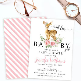 かわいいピンクのフローラ鹿の赤ちゃん女の子シャワー招待状 招待状