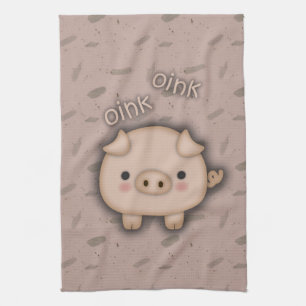 かわいいピンクのブタのOinkピンクの背景 キッチンタオル