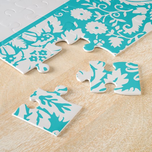 かわいいピンクのブタ; ティール(緑がかった色)のダマスク織 ジグソーパズル (側面)