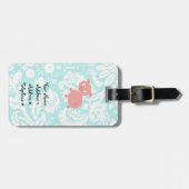 かわいいピンクのブタ; ティール(緑がかった色)のダマスク織 ラゲッジタグ (正面横)