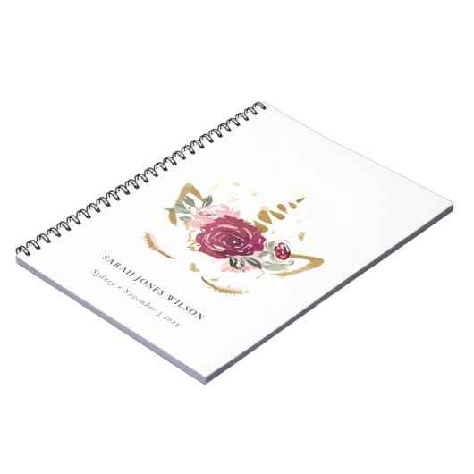 かわいいピンクのブルゴーニュフェイク金ゴールドフローラUnicorn Kids ノートブック (左側)