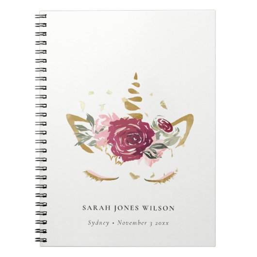 かわいいピンクのブルゴーニュフェイク金ゴールドフローラUnicorn Kids ノートブック (正面)