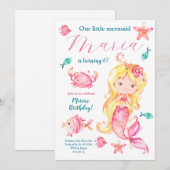 かわいいピンクのブロンド人魚の誕生日パーティーの招待状 招待状 (正面/裏面)