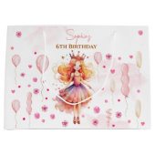 かわいいピンクのプリンセスと風船の誕生日 ラージペーパーバッグ (正面)