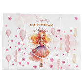 かわいいピンクのプリンセスと風船の誕生日 ラージペーパーバッグ (裏面)