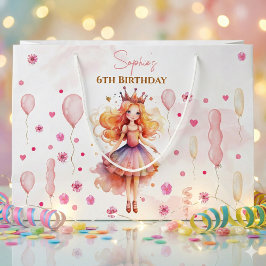 かわいいピンクのプリンセスと風船の誕生日 ラージペーパーバッグ