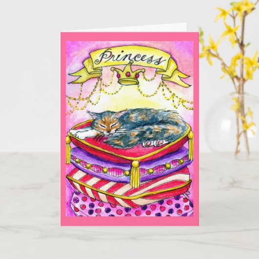 かわいいピンクのプリンセスキティ猫の誕生日カード カード (黄色い花)
