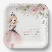 かわいいピンクのプリンセス ローズ フラワーバースデー ペーパープレート (正面)