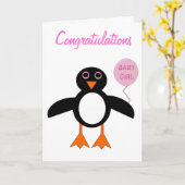 かわいいピンクのベビーガールペンギンカスタムカード カード (黄色い花)