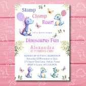 かわいいピンクのベビーガール恐竜1st誕生日パーティー 招待状