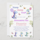 かわいいピンクのベビーガール恐竜1st誕生日パーティー 招待状 (正面)