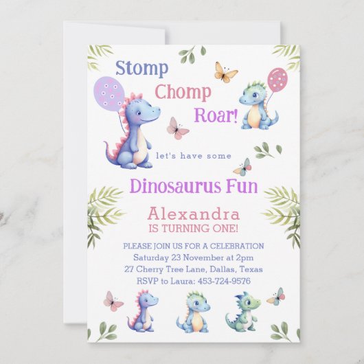かわいいピンクのベビーガール恐竜1st誕生日パーティー 招待状 (正面)