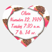 かわいいピンクのベビーガール誕生統計カップケーキスプリンクル ハートシール (正面)