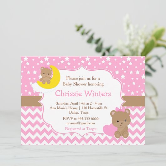 かわいいピンクのベビークマとスターベイビーシャワー 招待状 (スタンド正面)