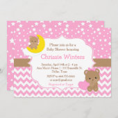 かわいいピンクのベビークマとスターベイビーシャワー 招待状 (正面/裏面)