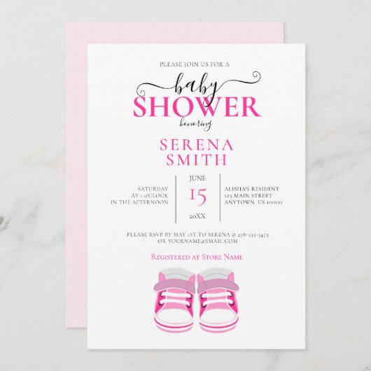 かわいいピンクのベビーシューズ赤ちゃんシャワー 招待状 (正面/裏面)