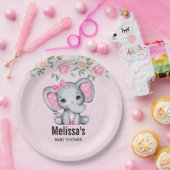 かわいいピンクのベビーゾウとバラ縁どシャワー ペーパープレート (パーティー)
