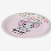 かわいいピンクのベビーゾウとバラ縁どシャワー ペーパープレート (アングル)