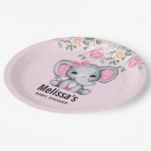 かわいいピンクのベビーゾウとバラ縁どシャワー ペーパープレート (アングル)