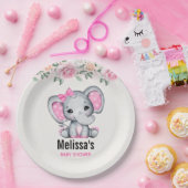 かわいいピンクのベビーゾウとバラ縁どシャワー ペーパープレート (パーティー)
