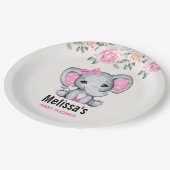 かわいいピンクのベビーゾウとバラ縁どシャワー ペーパープレート (アングル)
