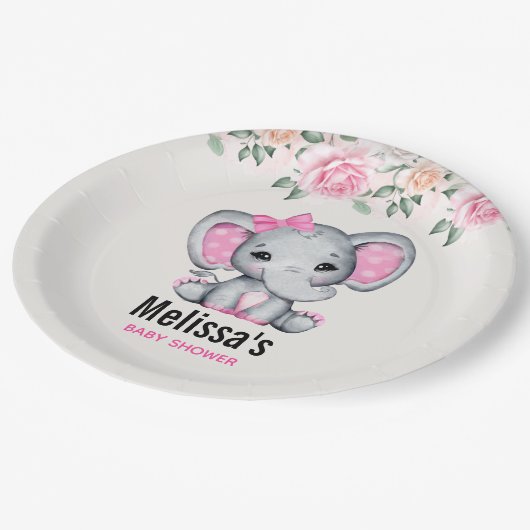 かわいいピンクのベビーゾウとバラ縁どシャワー ペーパープレート (アングル)