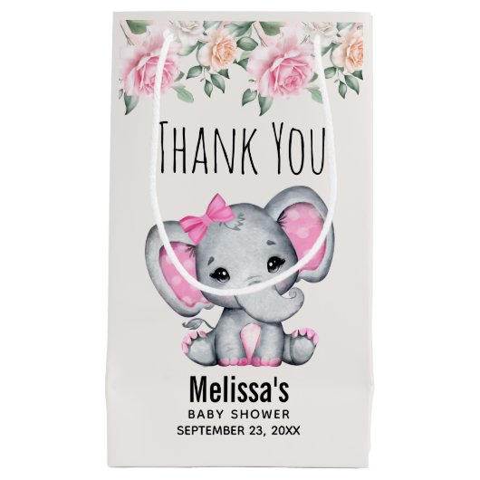 かわいいピンクのベビーゾウとバラ赤ちゃんシャワー スモールペーパーバッグ (正面)