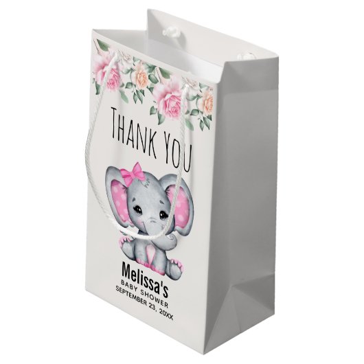 かわいいピンクのベビーゾウとバラ赤ちゃんシャワー スモールペーパーバッグ (裏面アングル)
