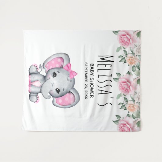 かわいいピンクのベビーゾウとバラ赤ちゃんシャワー タペストリー (正面(横))