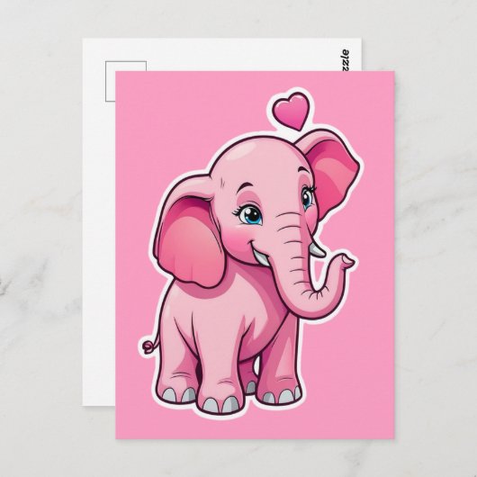 かわいいピンクのベビーゾウと恋 ポストカード (正面/裏面)