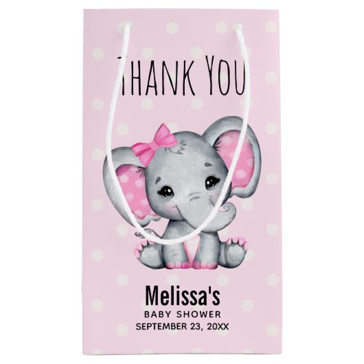 かわいいピンクのベビーゾウと水玉模様ベビーシャワー スモールペーパーバッグ (裏面)