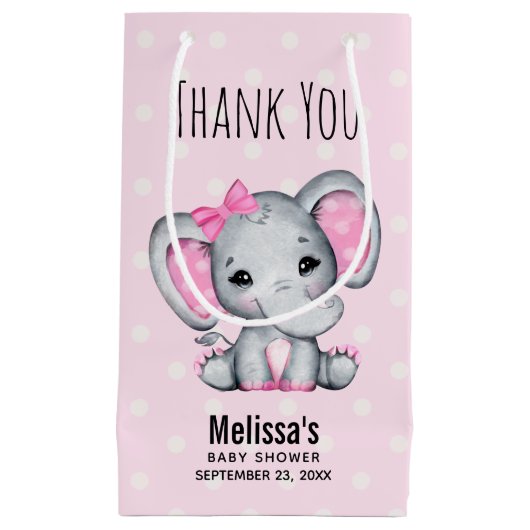 かわいいピンクのベビーゾウと水玉模様ベビーシャワー スモールペーパーバッグ (正面)
