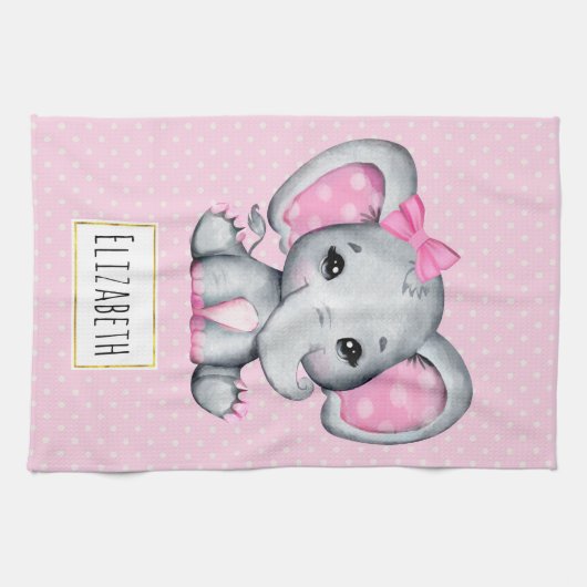 かわいいピンクのベビーゾウと水玉模様耳 キッチンタオル (横)