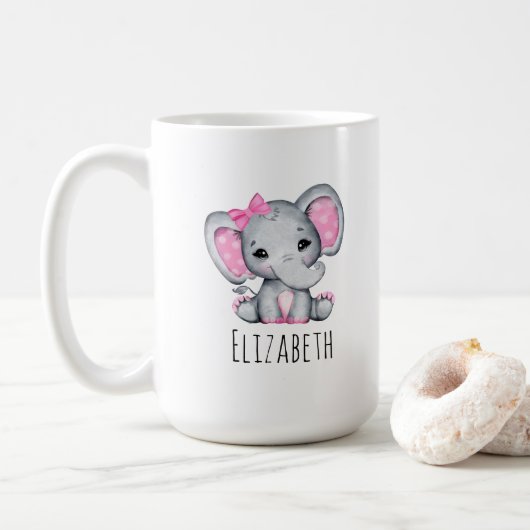 かわいいピンクのベビーゾウと水玉模様耳 コーヒーマグカップ (ドーナツ)