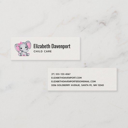 かわいいピンクのベビーゾウと水玉模様耳 スキニー名刺 (正面/裏面)