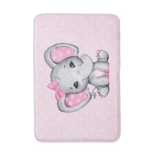 かわいいピンクのベビーゾウと水玉模様耳 バスマット (正面縦)