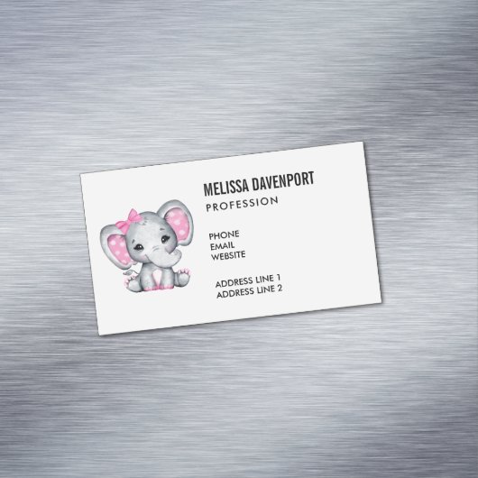 かわいいピンクのベビーゾウと水玉模様耳 マグネット名刺 (インサイチュ)