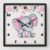 かわいいピンクのベビーゾウ&バラズ スクエア壁時計 (正面)